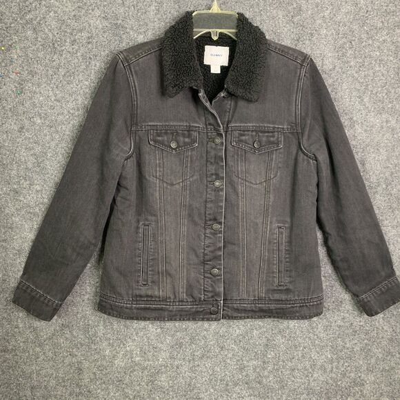 Old Navy Boyfriend Jean Jacket Black Denim Metal Button Sherpa Lined Women Sz L - Picture 1 of 13